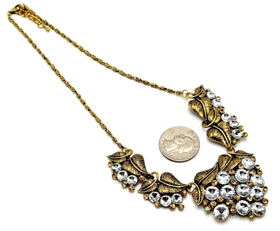 Clear Crystal Cluster Floral Bib Necklace Gold Tone Rivoli Rhinestone Statement