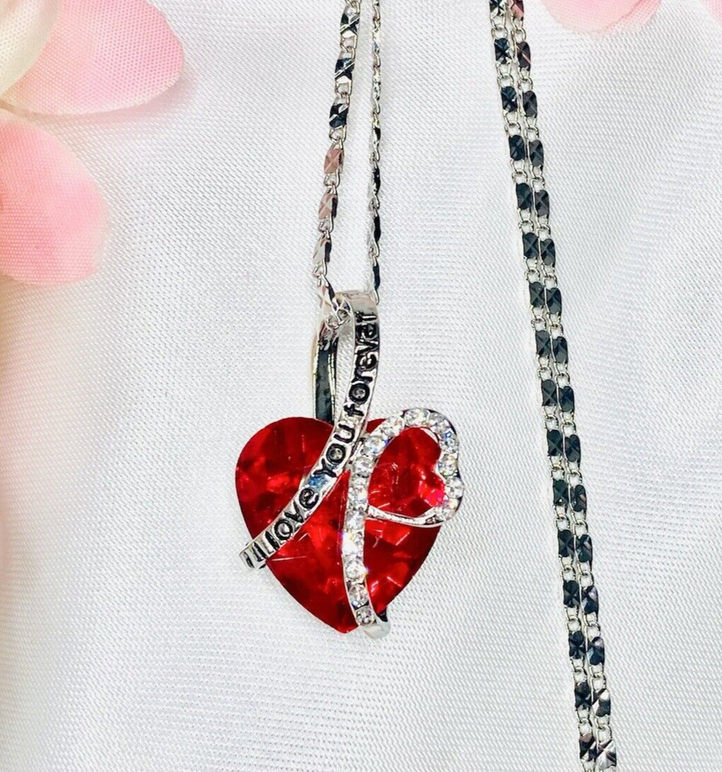 14k White Gold Plated Heart “I Love You Forever” Pendant Huge Red Cz & Chain 20″