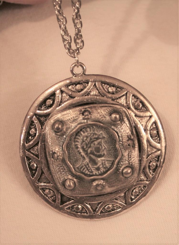 Striking Half-Moon Ball Beaded Tetxtured Warrior Silvertone Pendant Necklace