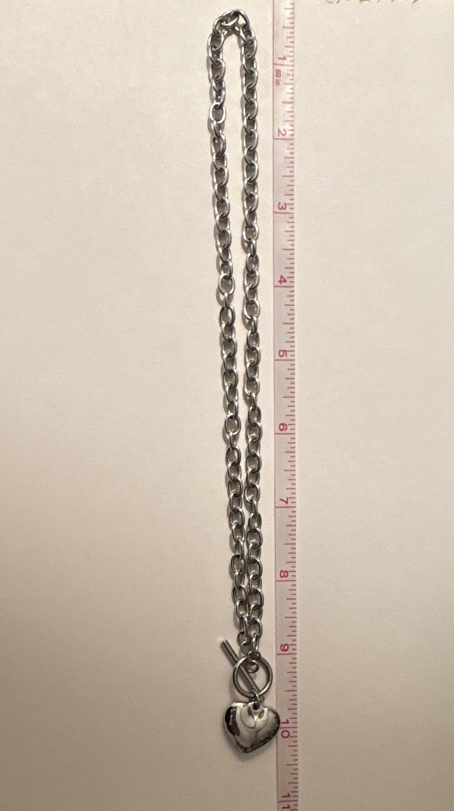 Silver Tone Metal Cable Chain Necklace Heart Charm Pendant 18 in Toggle Clasp