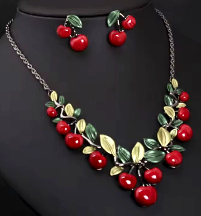 Sweet Red CHERRY Leaf Blossom Choker Betsey Johnson Enamel Necklace Earrings SET