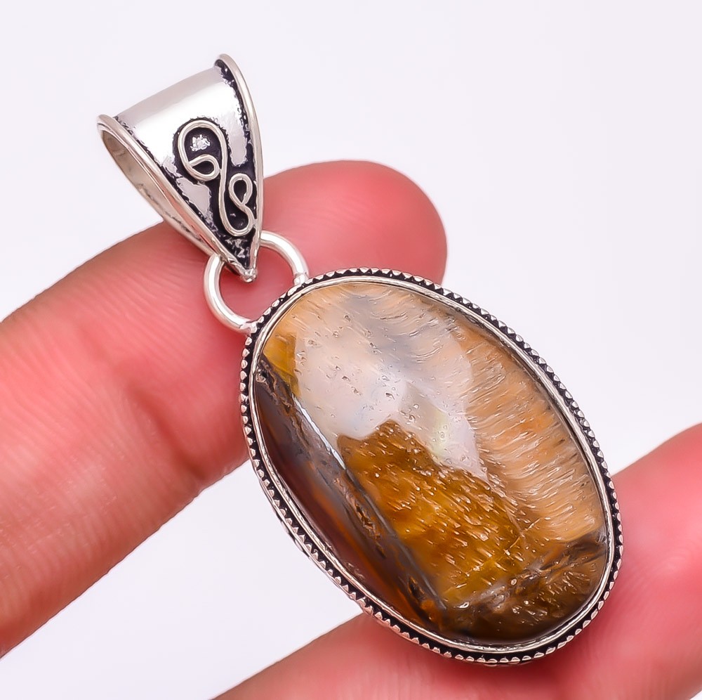 Natural Tiger’S Eye Gemstone 925 Silver Plated Jewelry Pendant 1.9″ S198