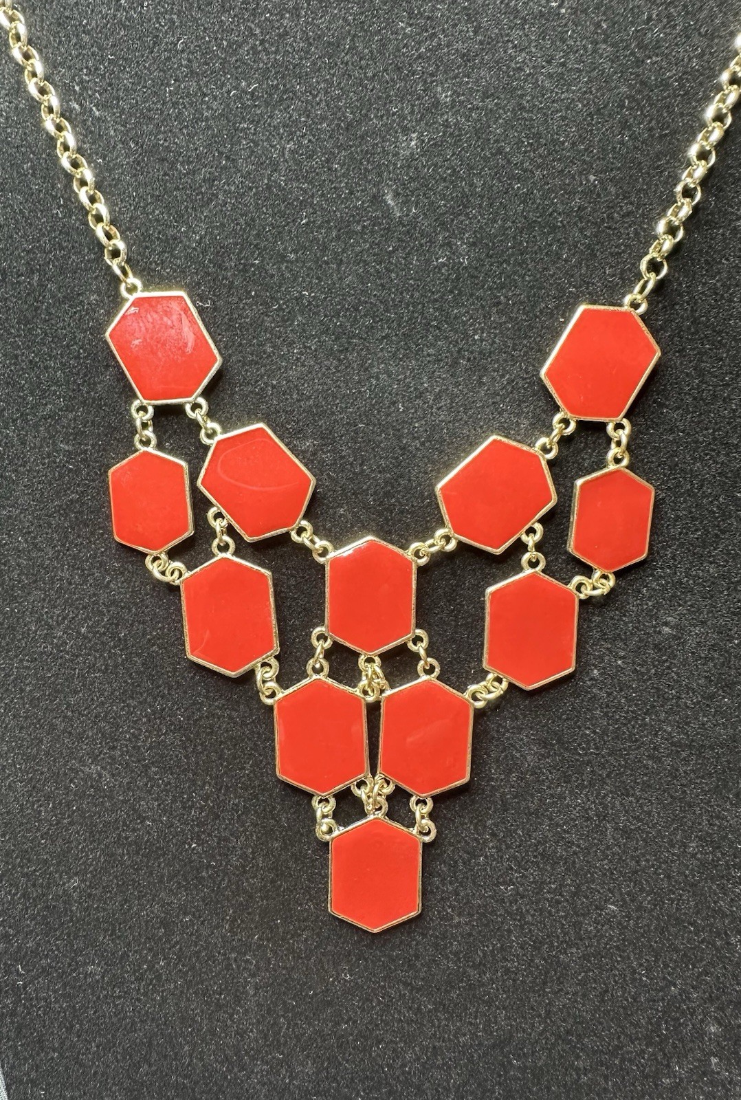 Gold Tone Cable Chain Statement Necklace Red Hexagon Stations Lobster