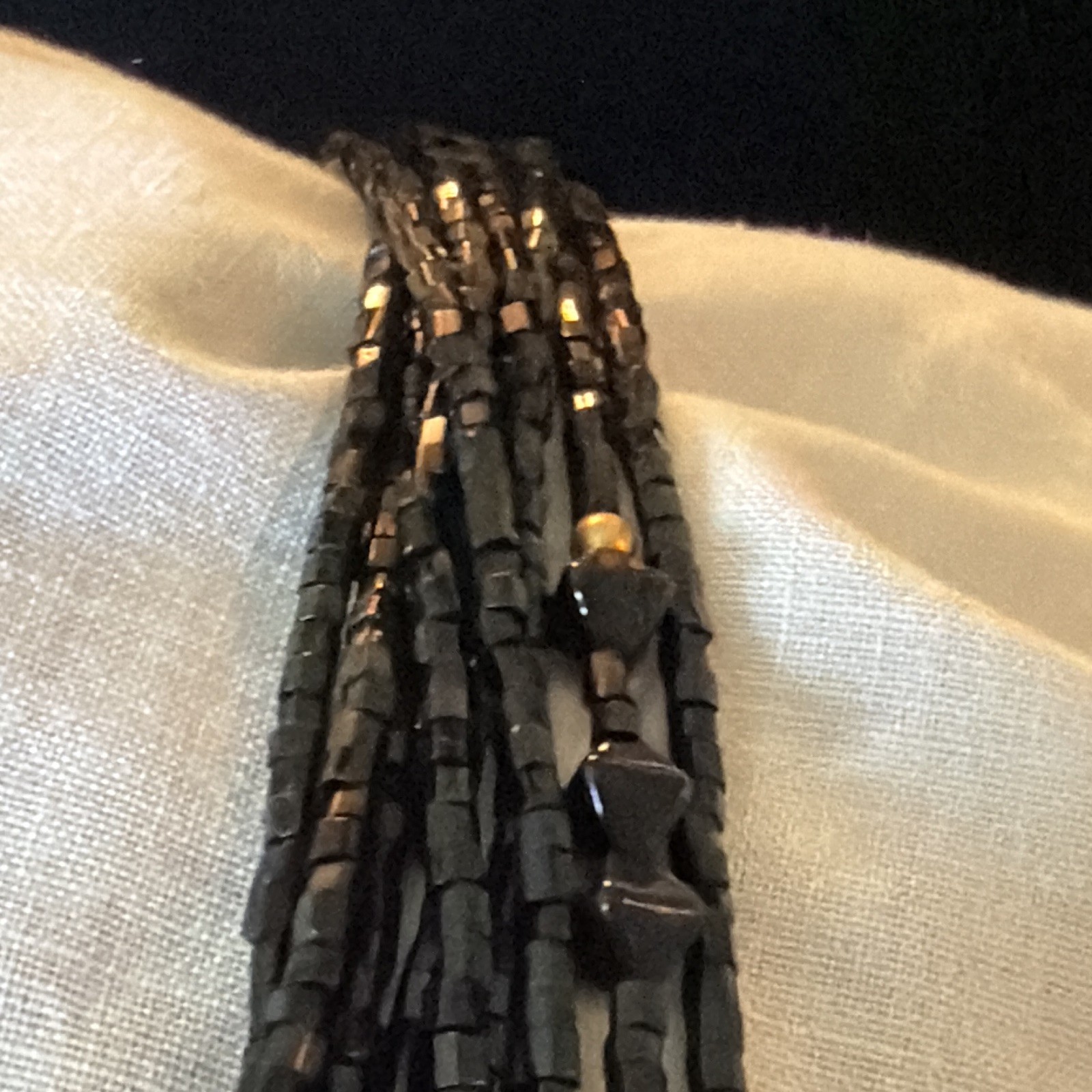 Black/Gold Tone Multi-Strand Layered Glass Beaded Necklace, Spring Ring
