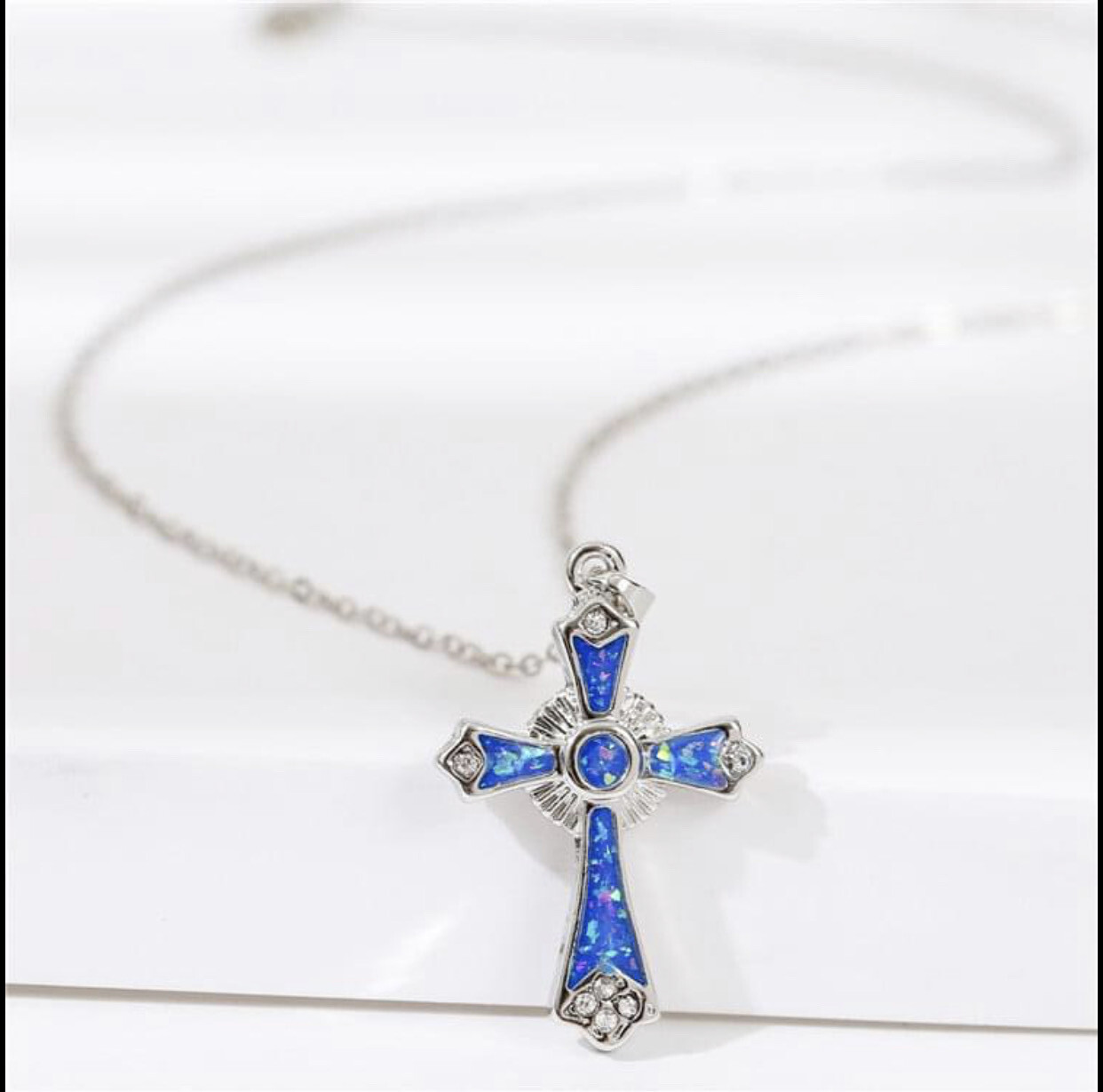 Geometric Blue Opal Color Cross Crucifix Pendant Necklace. Us Seller