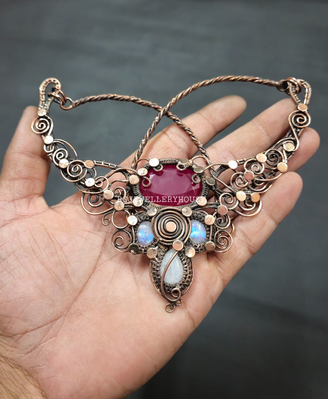 Faceted Kashmir Ruby Necklace Wire Wrapped Necklace Unique Style Wire Jewelry
