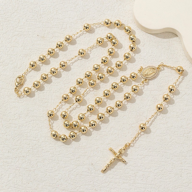 Men’s 6mm Bead Rosary Gold Plated Virgin Mary & Jesus Cross pendant Necklace