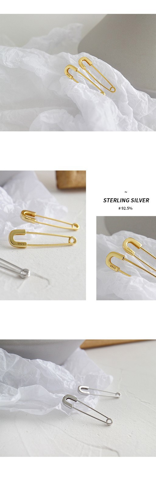 Paperclip Safety Pin Dangle Earrings Hoop Drop Gold Plated S925 Sterling Silver