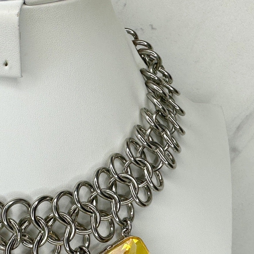 Chico’s Chunky Rhinestone Bib Necklace Yellow Silver Tone 16-20in