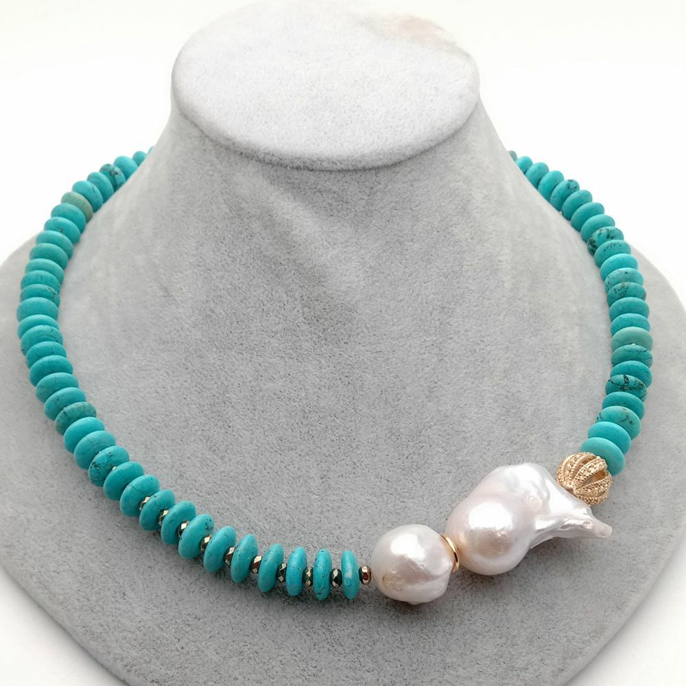 20″ Freshwater Cultured White Keshi Pearl Blue Disc Turquoise Necklace