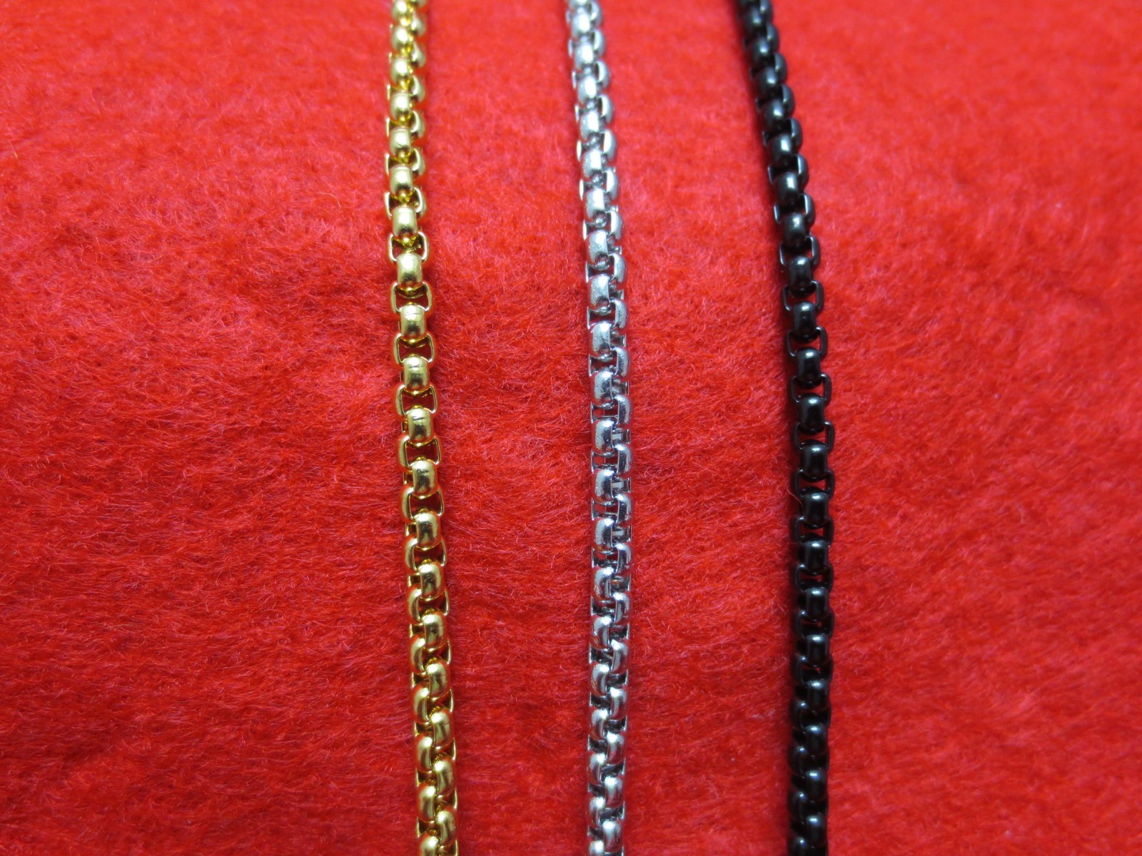 3MM 16″-60″ GOLD-SILVER-BLACK PLATED STAINLESS STEEL SMOOTH BOX ROPE NECKLACES