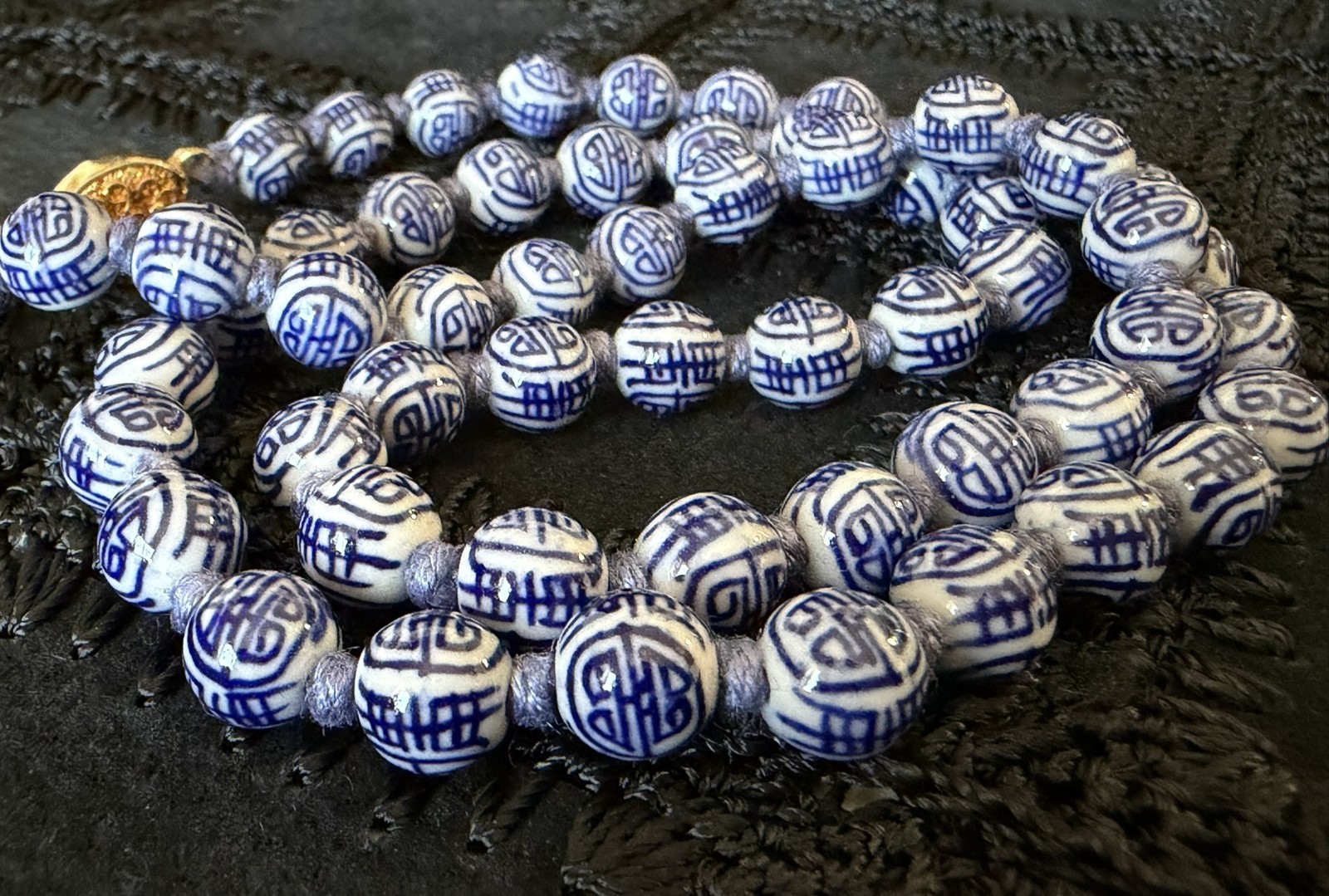 Vintage Chinese Necklace Blue White Porcelain SHOU Longevity Beads 24″ Knotted