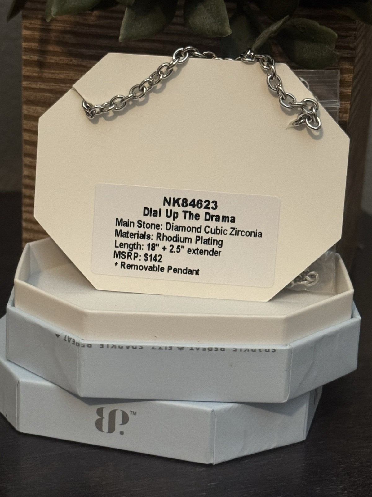 BP Diamond Cubic Zirconia Square Pendant Necklace Rhodium Plated 18″+2.5″ Ext