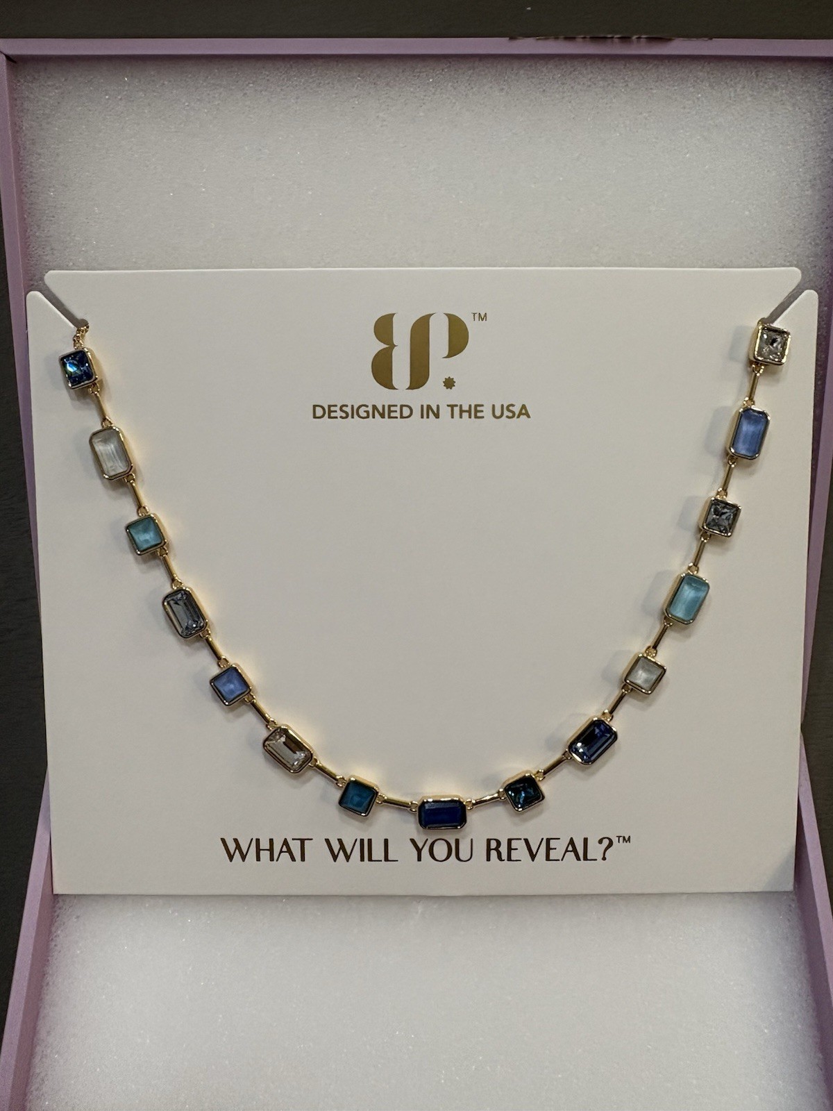 BP Yellow Gold Plated Blue Crystal Station Cable Necklace 27″ NK58612