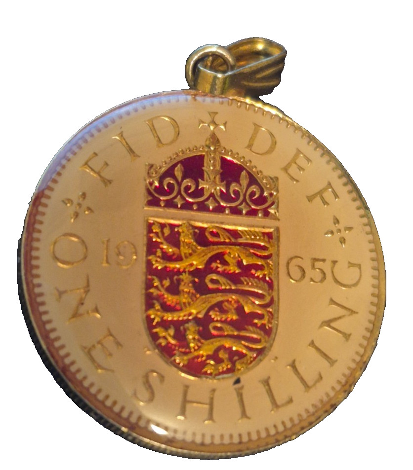 1965 Gold Toned Bezel Red Enamel Sixpence Love Token Queen Elizabeth II No Chain