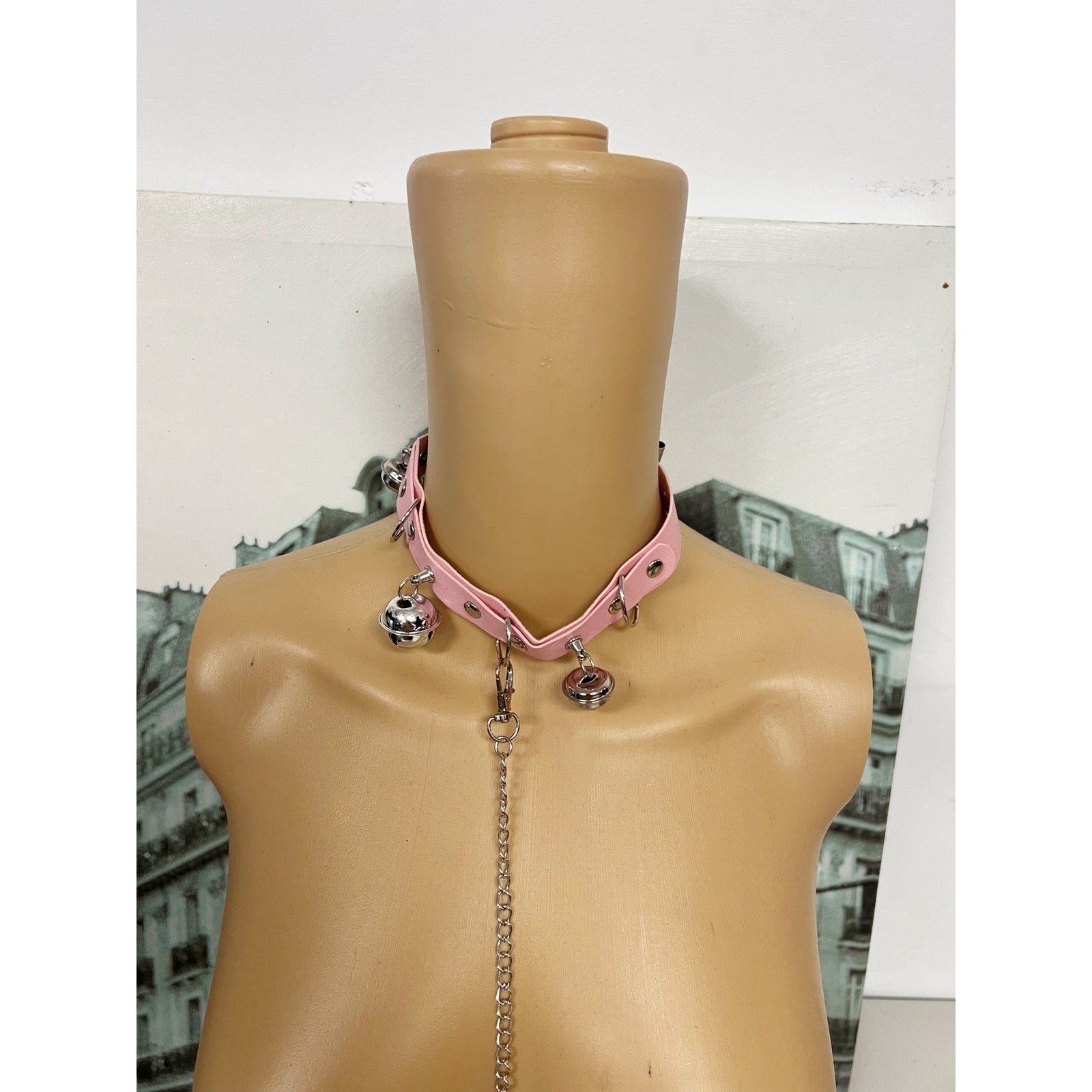 Gothic Faux Leather Choker Set with Detachable Chain Leash and Bell