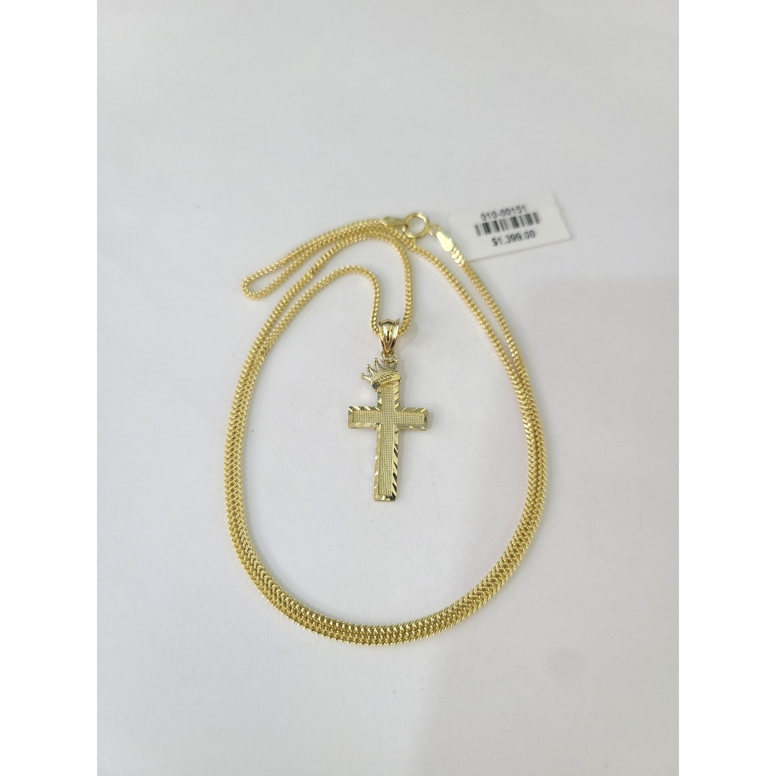 10K Gold Franco Chain 1mm Crown Cross Charm 16″-24″ Necklace Women Men