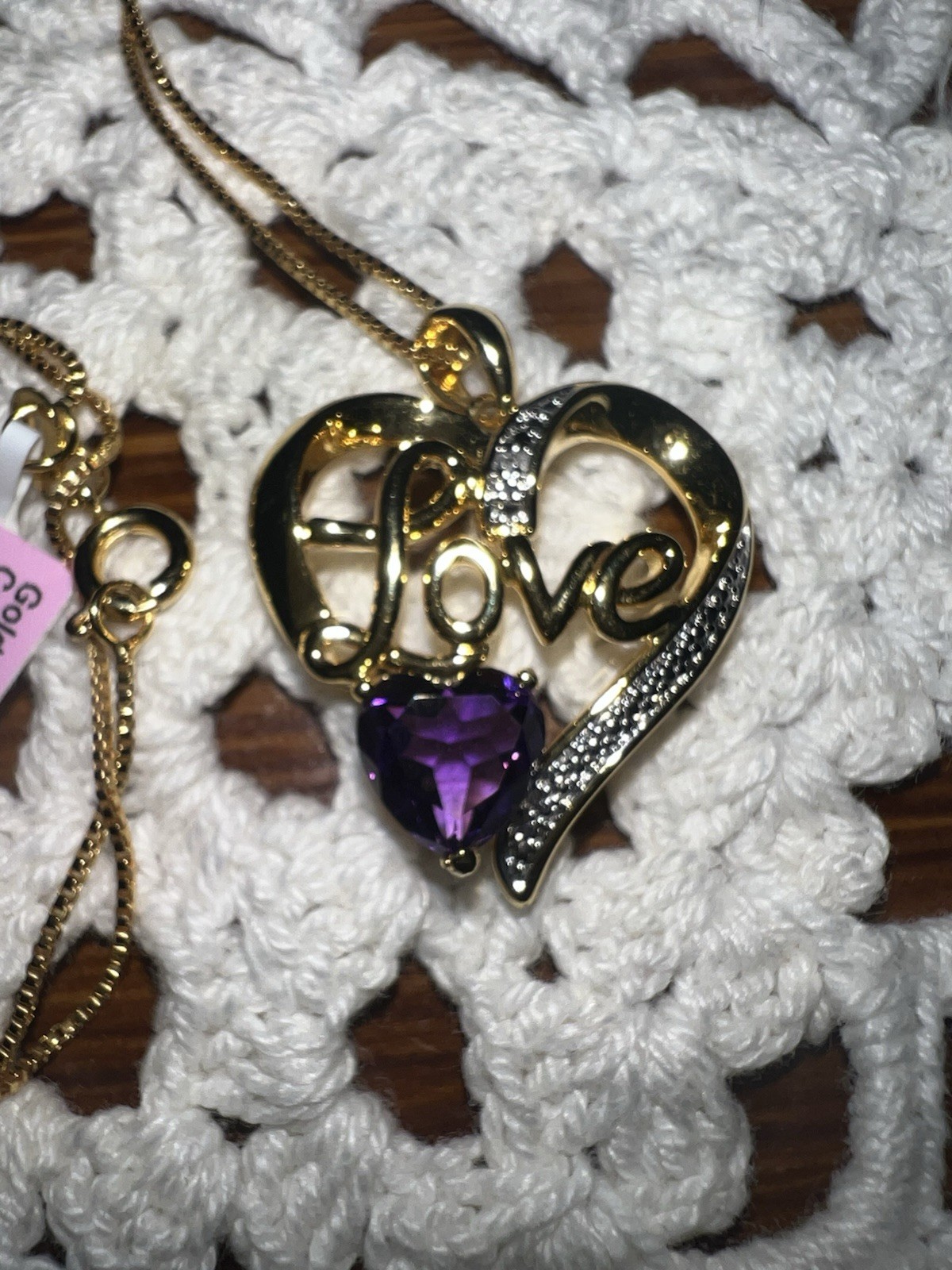 NIB LAB CREATED AMETHYST & DIAMOND LOVE GOLD OVER BRASS NECKLACE PENDANT