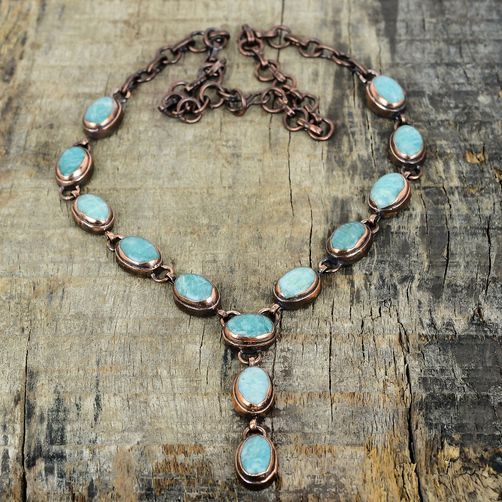 Valentines Deal Copper Amazonite Gemstone Chain Electroformed Necklace Jewelry