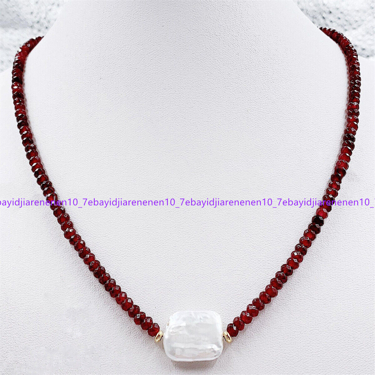 Faceted 2x4mm Red Garnet Natural 15x20mm White Baroque Pearl Pendant Necklace