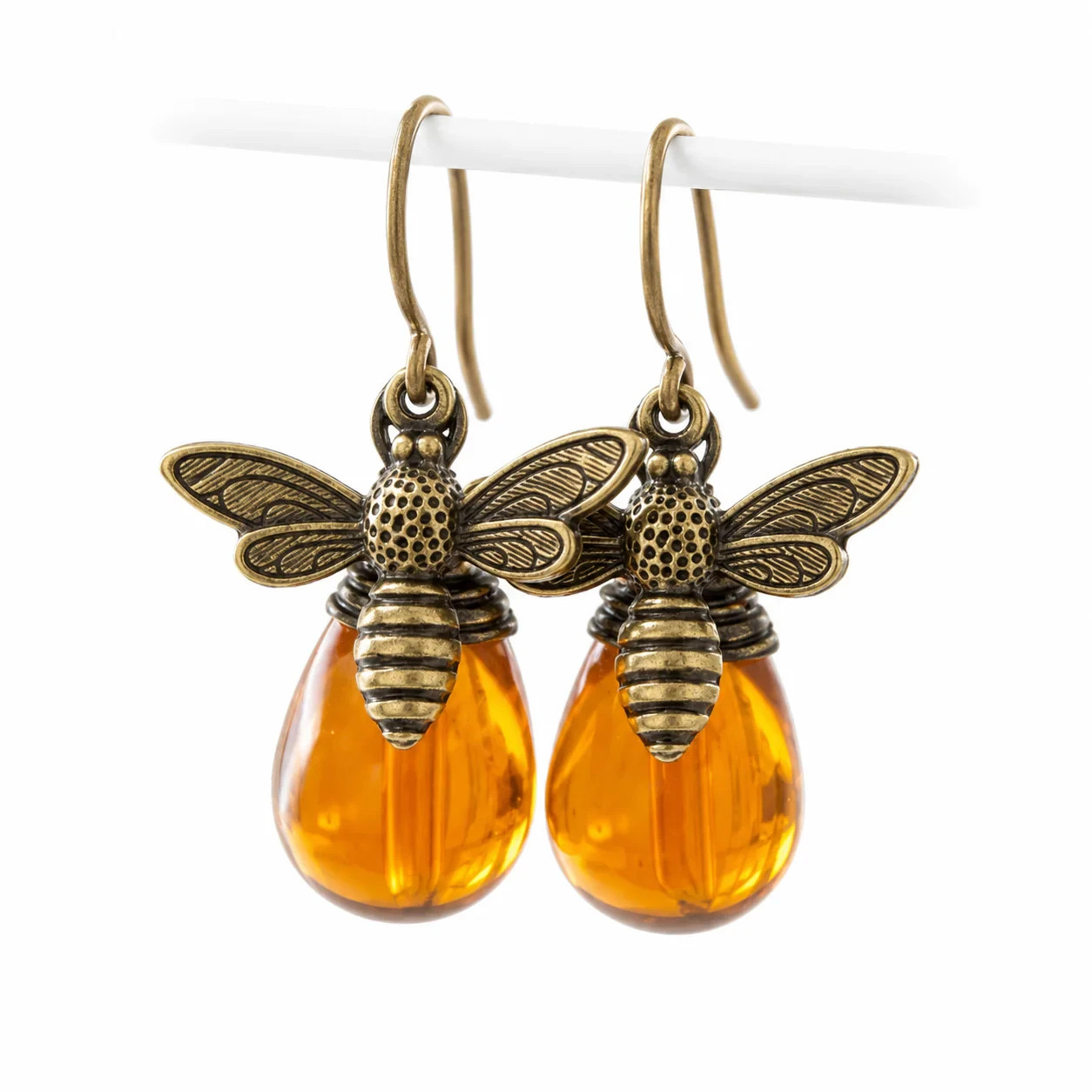 Vintage Honey Bee Drop Earrings Amber Gold Dangle Boho Jewelry Gift
