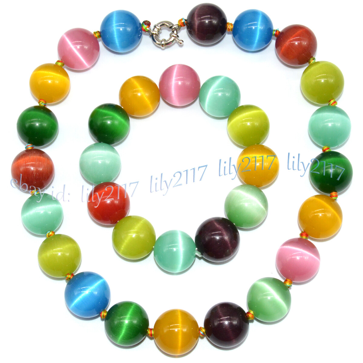 20mm Multi-Color Opal Cat’s Eye Gems Round Beads Necklace 18” Bracelet 8-8.5”