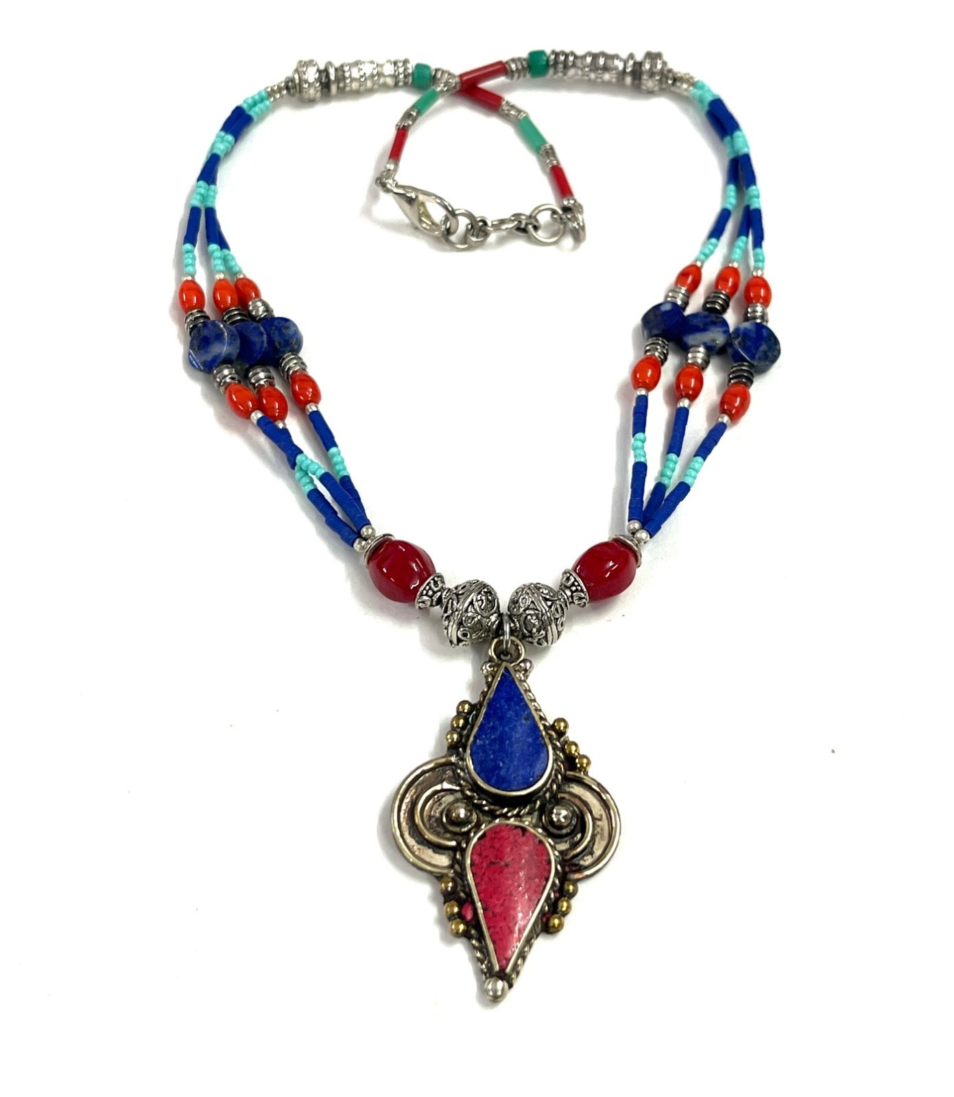 Antique Lapis Coral Gemstone Tibetan Statement Necklace Jewelry, 17 inch Adj