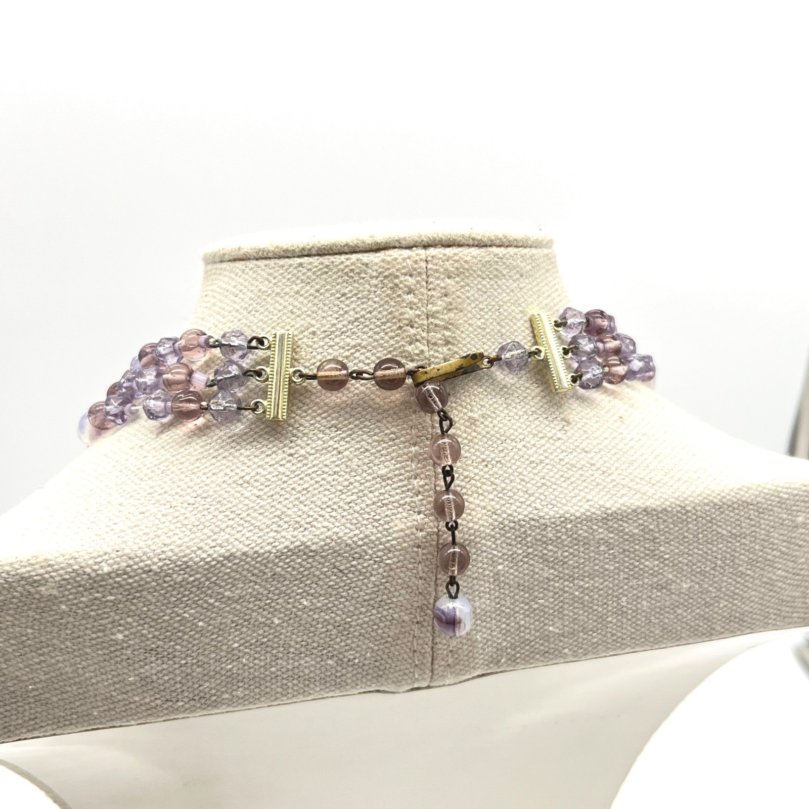 Vintage Germany Purple Iridescent Art Glass Triple Strand Beaded Necklace 16in