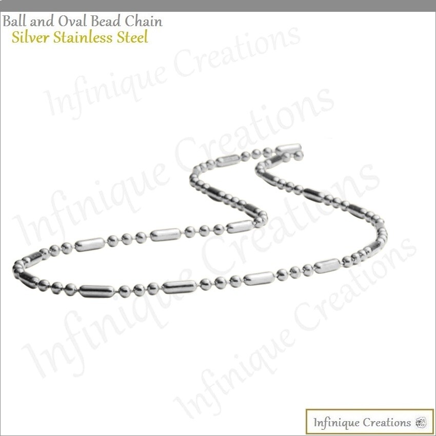 Stainless Steel Silver Ball And Oval Bead Chain Bracelet Necklace 1mm-3mm 7-38″