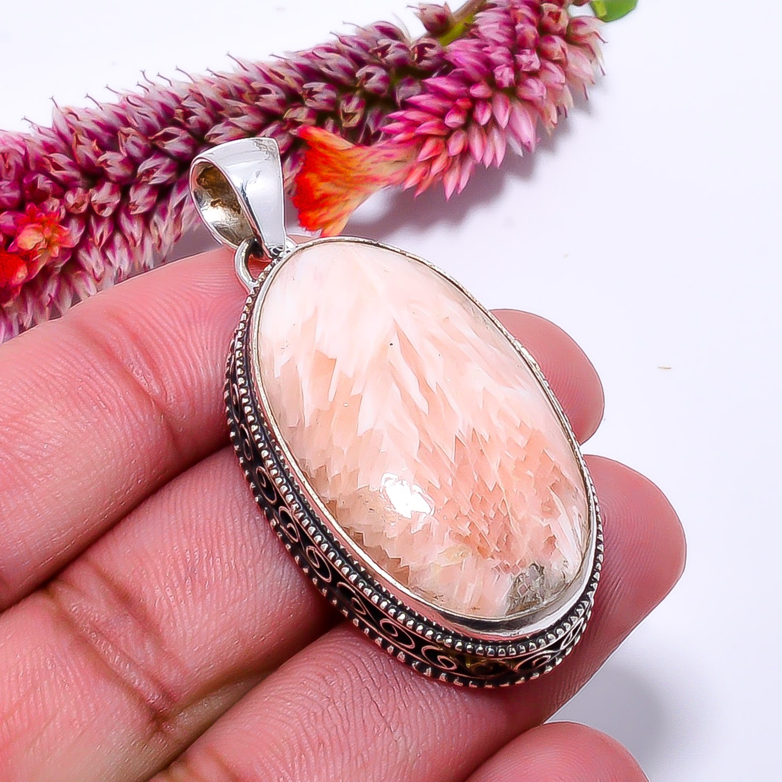 Orange Scolecite – India Fine Art 925 Sterling Silver Pendant 2.03″ P1036411435