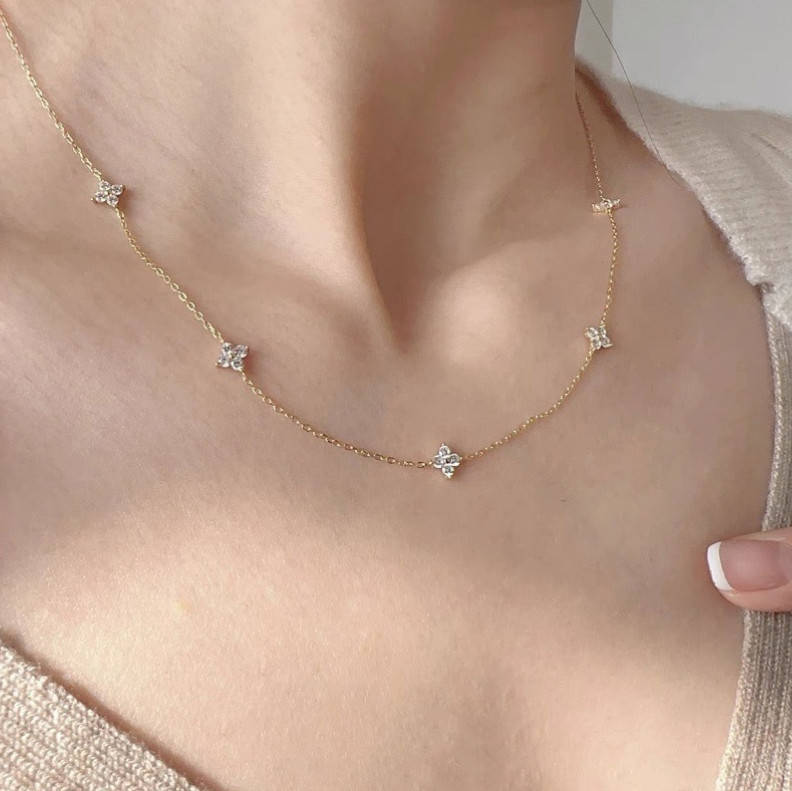 Chic Women Sterling Silver Plated Station Clover Choker Chain Necklace 16+2″ B10