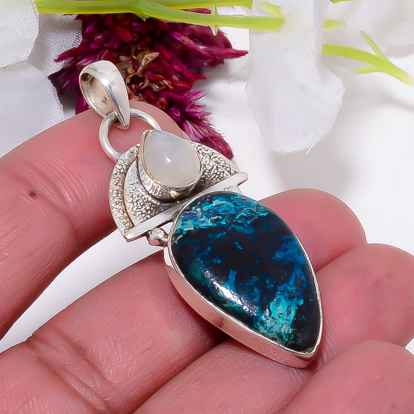 Shattuckite – Arizona & Rainbow Moonstone 925 Sterling Silver Pendant 2.03″ Sk13