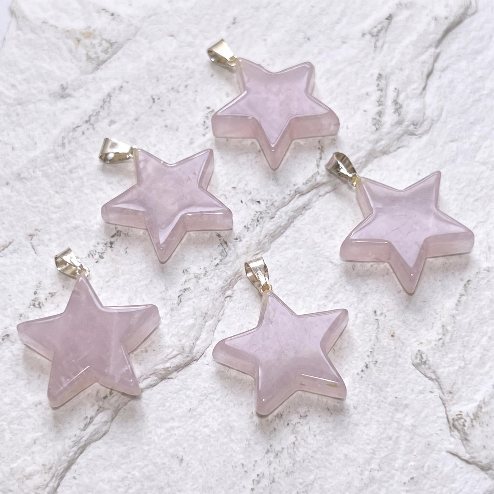 Pink Rose Quartz Crystal Star Pendant Silver Plated Bail Gemstone Jewelry Gift