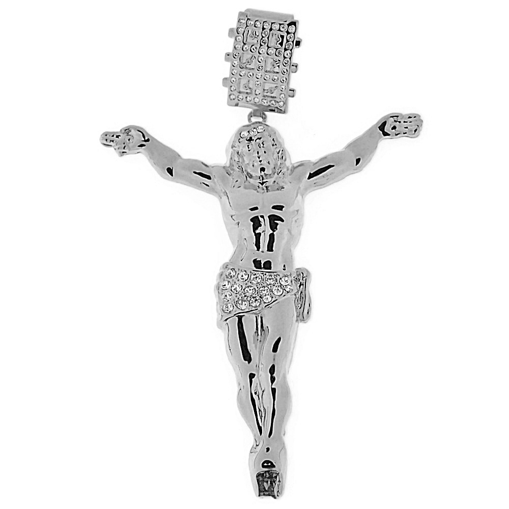 Huge Jumbo Jesus Body Pendant Iced Simulated CZ Silver Tone Crucifix Cross 4.5″