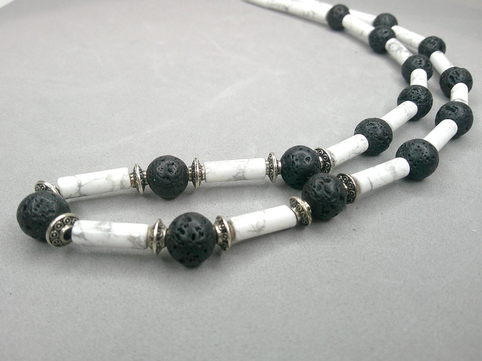 Howlite and Lava Rock Beaded Choker Necklace Stylish Handmade