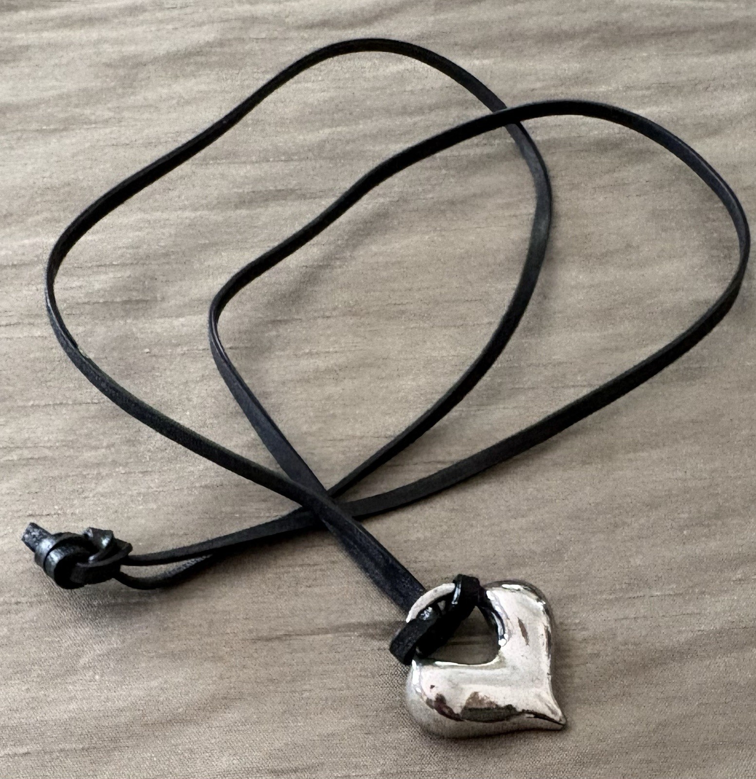 Large Sculptural Heart Pendant Necklace Silver Tone Black Leather Cord Modern