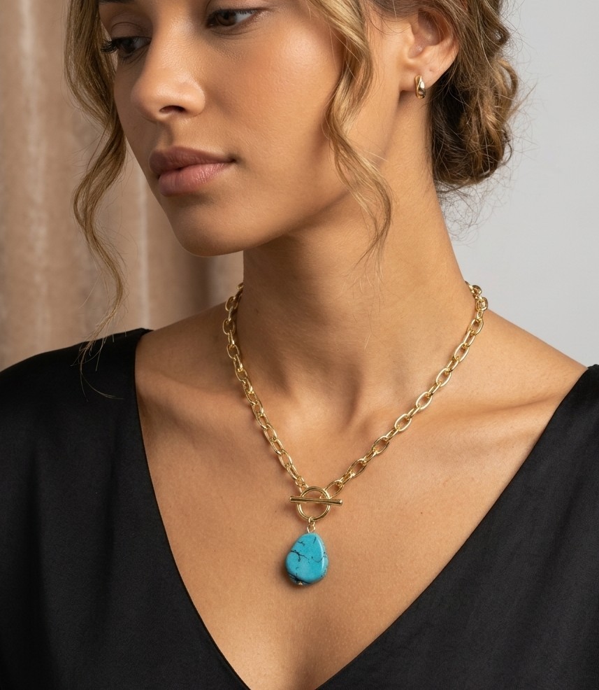 18K Gold Plated Statement Toggle Necklace Turquoise Drop Pendant Princess NWT
