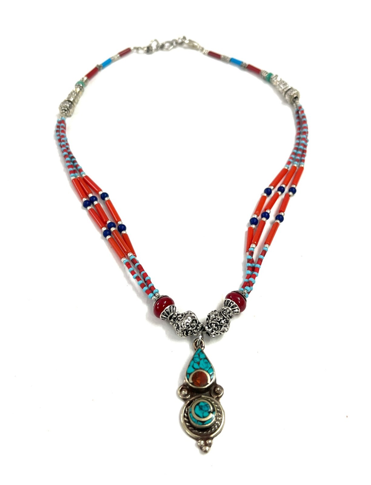 Art Deco Red Coral Turquoise Gemstone Tibetan Necklace Jewelry, 16 inch Adjust