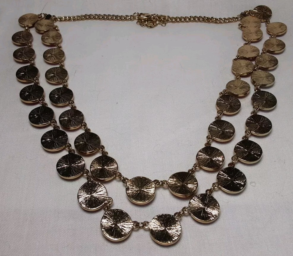 Necklace Gold Tone Red Double ( 2) Gradual Strands Faceted Disks Adj