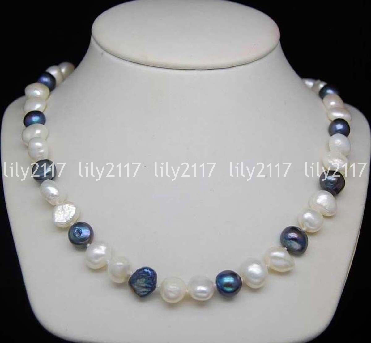 Natural 8-9mm White Black Baroque Freshwater Cultured Pearl Necklace 18-36”