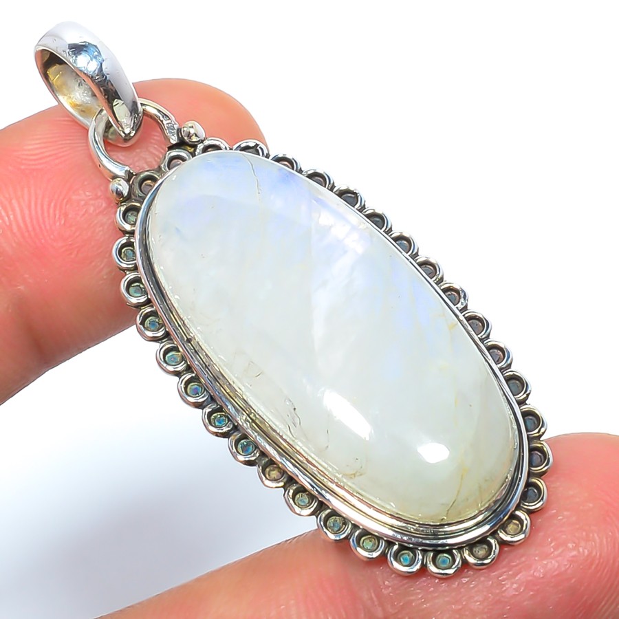 Rainbow Moonstone – Bihar 925 Sterling Silver Bali Pendant 1.95″ T40