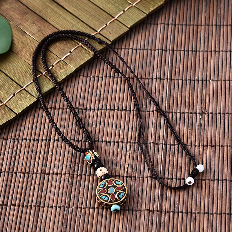 Nepal Long Buddhist Wood Beaded Pendant Necklace Ethnic Buddha Lucky Jewelry