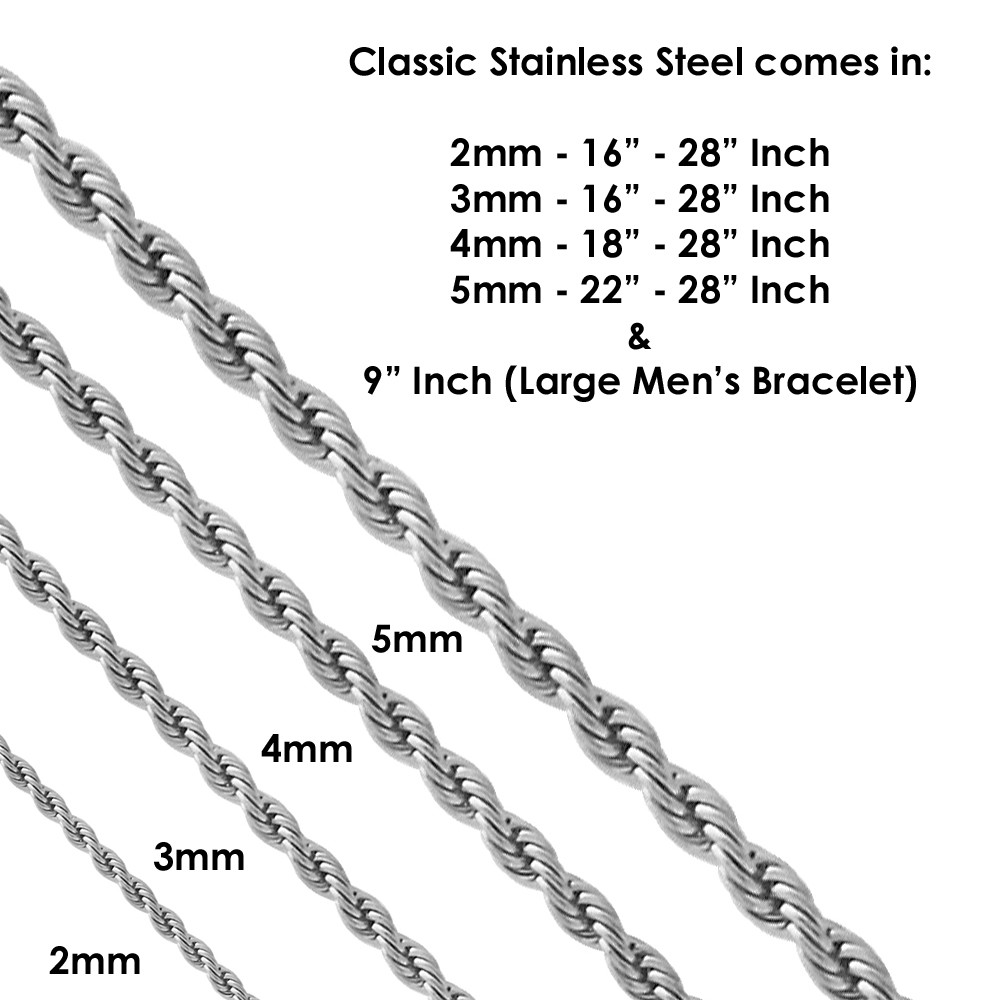 Stainless Steel or Gold Plated Rope Chain Necklace Boys and Mens Lengths