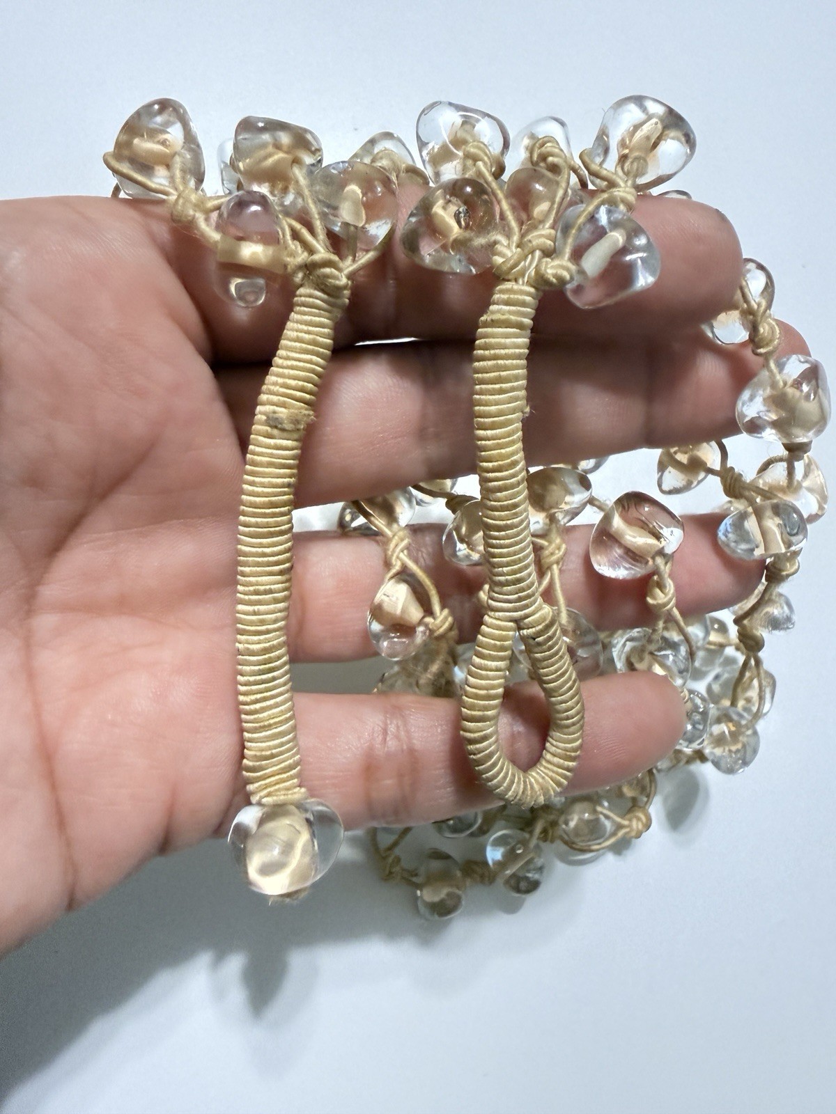 Vintage 90’Natural Clear Quartz Chip 3 Strand Layered Boho Necklace Stone Toggle