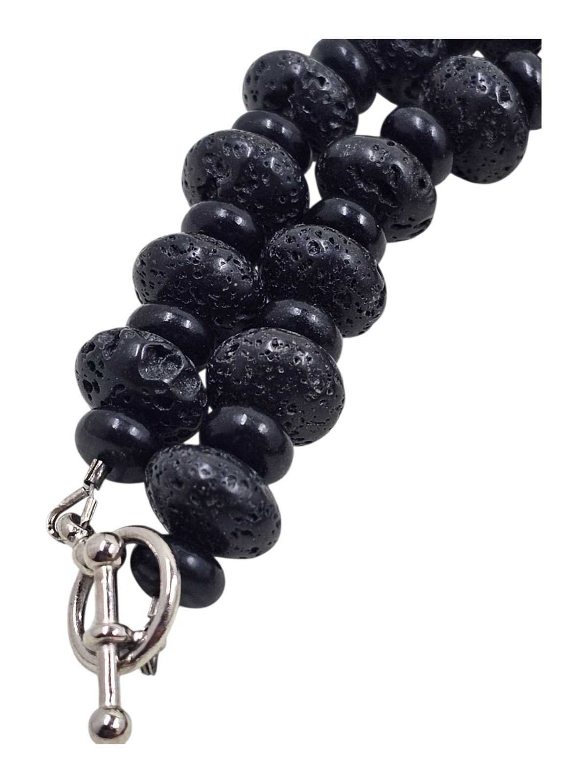 Black Lava Rock Bead Necklace Silver Accent Beads Large Pendant 20″ Statement