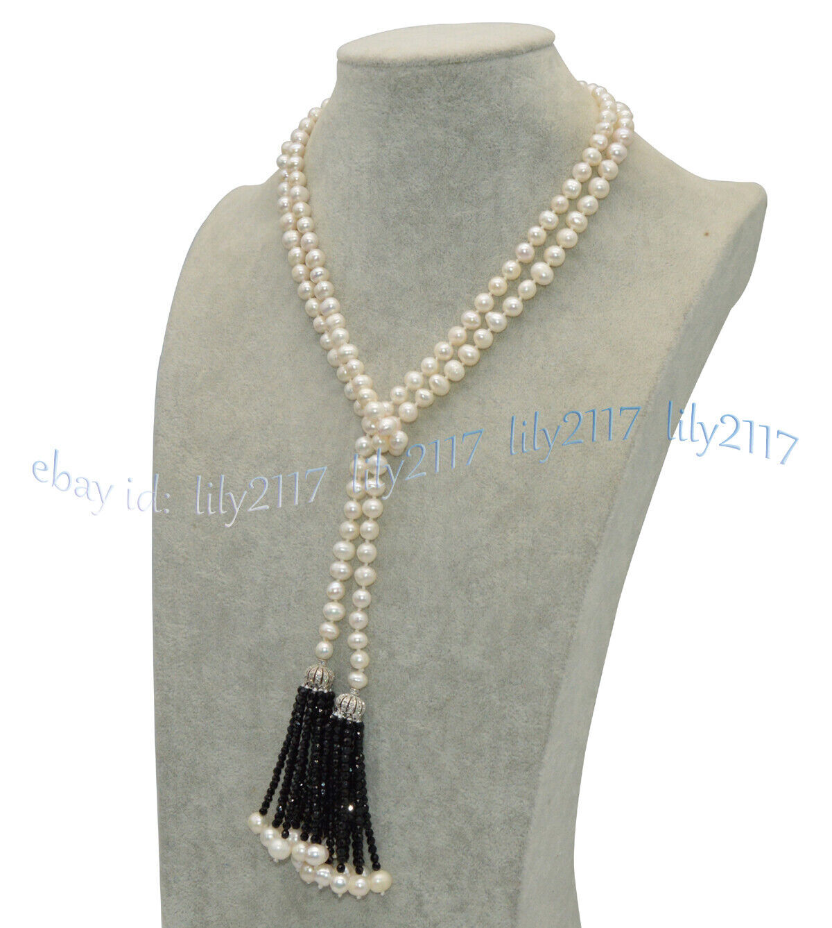 7-8mm Natural White Freshwater Pearl Black Spinel Tassel Pendant Scarf Necklace