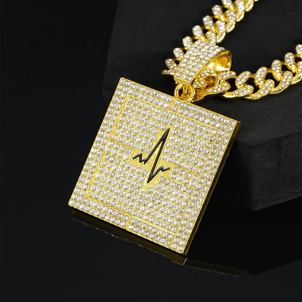 Iced Lifeline ECG Pendant Necklace CZ Bling Men Hip Hop Miami Cuban Link Chain