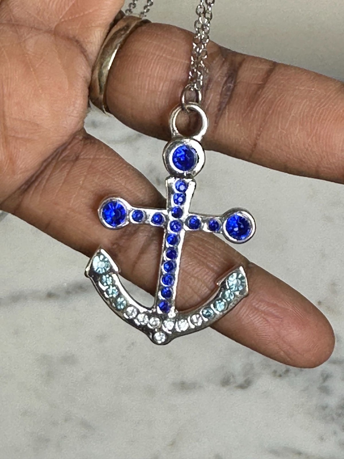 Blue Rhinestone Anchor Pendant Necklace Silver Tone Nautical Coastal Jewelry