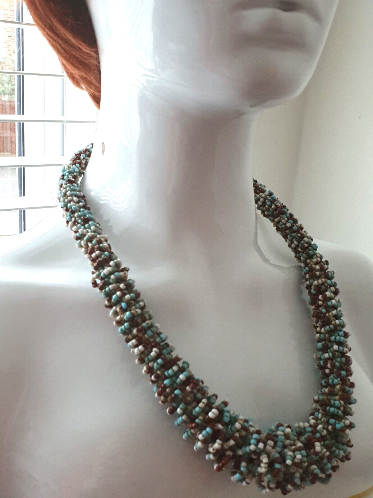 Blue White Brown Twisted Seed Bead None Metal Tribal Ethnic Adjustable Necklace