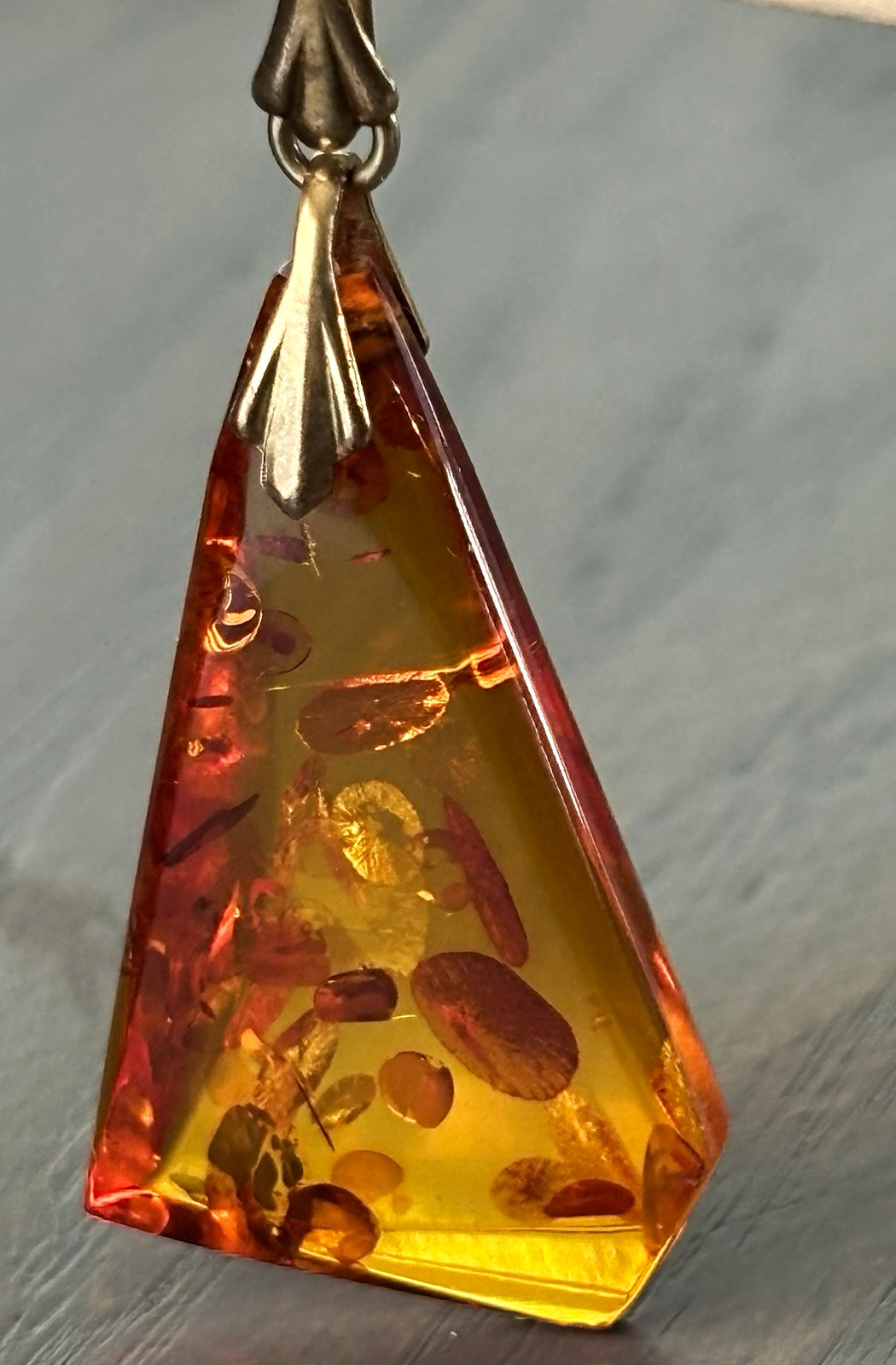 Vintage Amber Trillion Shape Pendant Yellow Brown Main Stone w/10 karat Bale